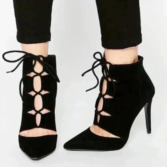 Aldo Eraede Lace Up Stiletto Ankle Boots Cut Out Black Suede 7.5 - Picture 1 of 16